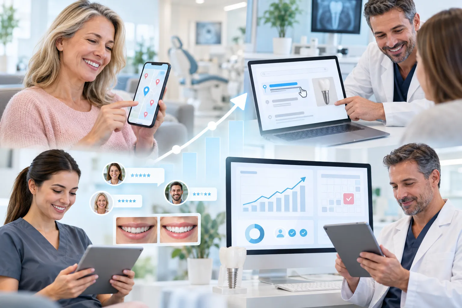 Digital marketing graphic showing four channels driving dental implant consultations