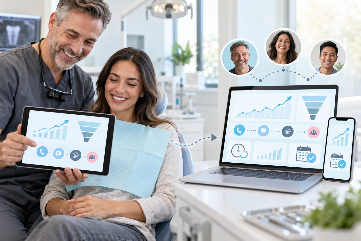 Modern dashboard showing dental marketing ROI charts with rising growth graphs