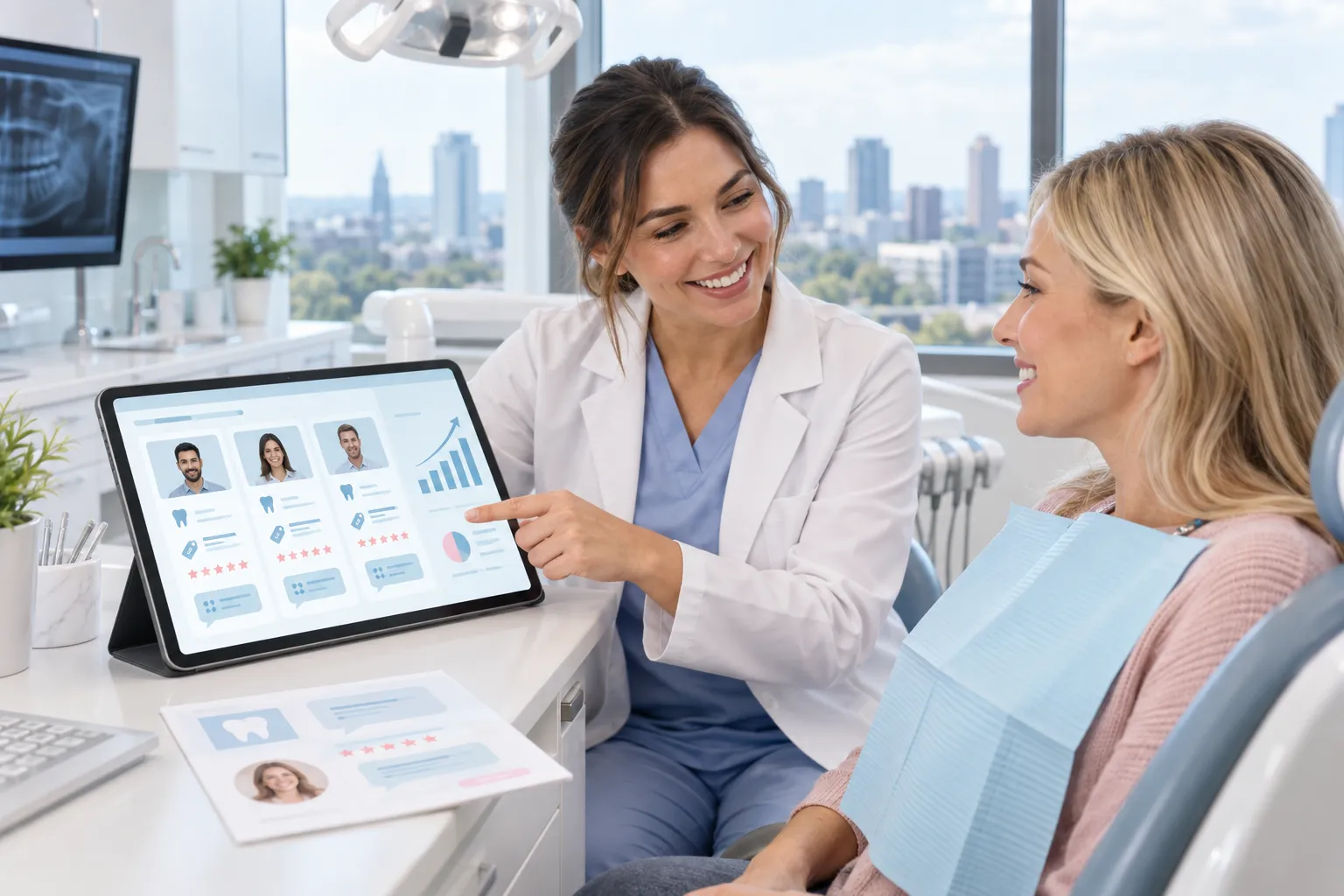 Digital marketing graphic showing dental practice growth and lead generation charts