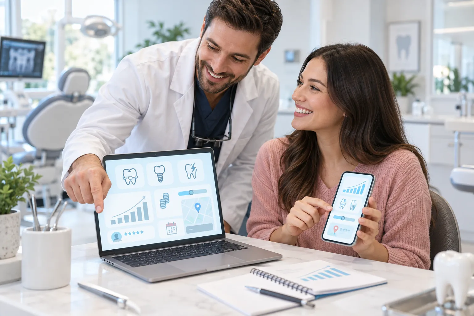 Digital dental marketing graphic featuring tooth icons, growth charts, and technology elements